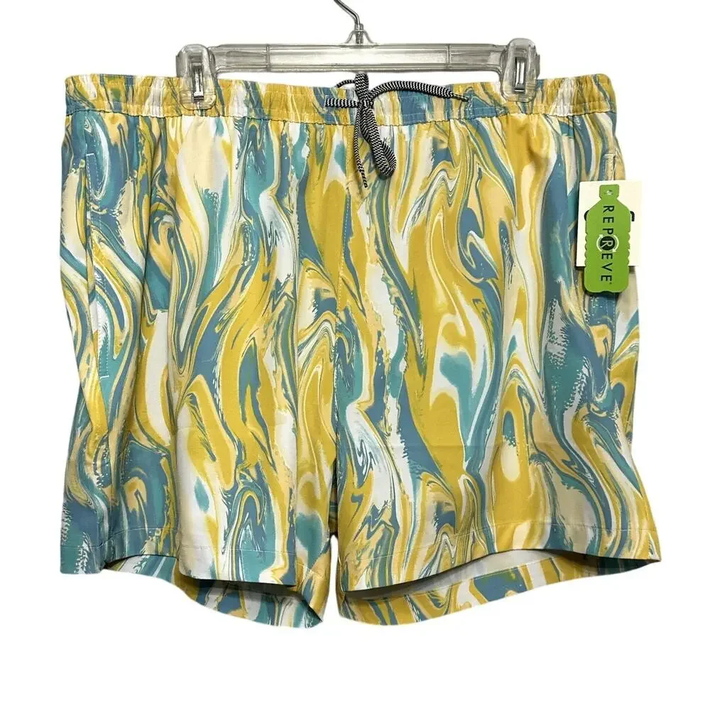 Open Edit Men's Yellow/Blue Swirl Recycled Volley Swim Trunks XL NWT